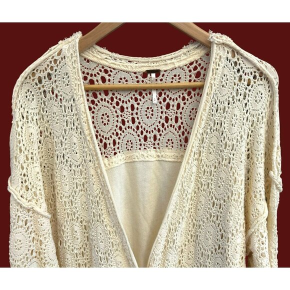 Free People Cream Bohemian Runaway Cardi Cardigan Size L Festival Duster Raw Hem - Picture 3 of 8